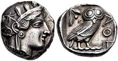 GRIECHEN ATTIKA. ATHEN. Tetradrachme (17,16g). 454 - 404 v. Chr. Vs.: Kopf der Athena mit verziertem, bekränztem, attischem Helm n. r. Rs.: AQE, Eule n. r. stehend, Kopf in Vorderansicht, im Feld l. o