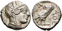 GRIECHEN ATTIKA. ATHEN. Tetradrachme (17,17g). ca. 454 - 404 v. Chr. Vs.: Kopf der Athena mit attischem Helm n. r. Rs.: AQE, Eule steht n.r., Kopf in Vorderansicht, im Feld l. oben Ölzweig u. Halbmond