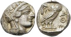 GRIECHEN ATTIKA. ATHEN. Tetradrachme (17,15g). 454 - 404 v. Chr. Vs.: Kopf der Athena mit verziertem, bekränztem, attischem Helm n. r. Rs.: AQE, Eule n. r. stehend, Kopf in Vorderansicht, im Feld l. o