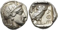 GRIECHEN ATTIKA. ATHEN. Tetradrachme (17,17g). 454 - 404 v. Chr. Vs.: Kopf der Athena mit verziertem, bekränztem, attischem Helm n. r. Rs.: AQE, Eule n. r. stehend, Kopf in Vorderansicht, im Feld l. o