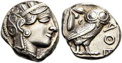 GRIECHEN ATTIKA. ATHEN. Tetradrachme (17,17g). ca. 454 - 404 v. Chr. Vs.: Kopf der Athena mit attischem Helm n. r. Rs.: AQE, Eule steht n.r., Kopf in Vorderansicht, im Feld l. oben Ölzweig u. Halbmond