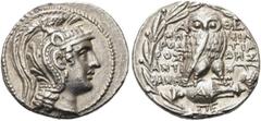 GRIECHEN ATTIKA. ATHEN. Tetradrachme des Neuen Stils (16,76g). 115/114 v. Chr. Vs.: Kopf der Athena mit attischem Helm n. r. Rs.: A-QE, Eule auf Amphora, Beamte: MHT/RODWR/OS / MIL/TIA/DHS / ANTI/FANH