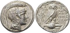 GRIECHEN ATTIKA. ATHEN. Tetradrachme des Neuen Stils (16,96g). 110 - 109 v. Chr. Vs.: Kopf der Athena mit attischem Helm n. r. Rs.: A-QE, Eule auf Amphora, Beamte POLU-CAR / NIKOG / QEMIS/TOKLH, im Fe