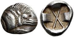 GRIECHEN LYKIEN. PRAEDYNASTISCHE PRÄGUNGEN. 1/6 Stater (1,24g). Vs.: Vorderteil eines Keilers mit aufgestelltem Kamm n. r. Rs.: Quadratum incusum, geteilt durch ein großes "X", an vier Seiten Vorsprün