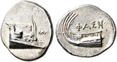 GRIECHEN LYKIEN. PHASELIS. Stater (10,42g). 4. Jh. v. Chr. Vs.: Prora einer Galeere mit Aufbau und Rammsporn n. r., r. Beizeichen oder Inschrift. Rs.: FASH, Heck einer Galeere mit Reling n. r. Heipp-T