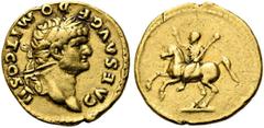 RÖMER RÖMISCHE KAISERZEIT. Domitian als Caesar, 69 - 81 n. Chr. Aureus (7,42g). 73 n. Chr. Mzst. Rom. Vs.: CAES AVG F DOMIT COS II, bärtiger Kopf mit Lorbeerkranz n.r. Rs.: Domitian mit erhobener Rech