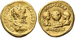 RÖMER RÖMISCHE KAISERZEIT. Septimius Severus, 193 - 211 n. Chr. Aureus (7,32g). 202 n. Chr. Mzst. Rom. Vs.: SEVER P AVG PM TR P X COS III, drapierte Panzerbüste mit Lorbeerkranz n.r. Rs.: FELICITAS / 