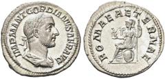 RÖMER RÖMISCHE KAISERZEIT. Gordian I., 238 n. Chr. Denar (2,83g). Mzst. Rom. Vs.: IMP M ANT GORDIANVS AFR AVG, drapierte Panzerbüste mit Lorbeerkranz n. r. Rs.: ROMAE AETERNAE, Roma mit Zepter u. Vict