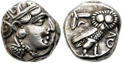GRIECHEN ATTIKA. ATHEN. Tetradrachme (17,15g). ca. 353 - 294 v. Chr. Vs.: Kopf der Athena mit ölzweigbekränztem Helm n. r. Rs.: AQE, Eule n. r. stehend, dahinter Ölzweig und Halbmond. Svoronos Taf. 20