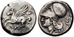 GRIECHEN KORINTH. KORINTH. Stater (8,49g). 345 - 307 v. Chr. Vs.: Pegasos n. l. fliegend, darunter Koppa. Rs.: Kopf der Athena mit korinthischem Helm n. l., l. u. r. vom Hals D-I, dahinter Zeus mit Bl
