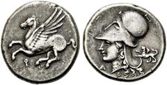 GRIECHEN KORINTH. KORINTH. Stater (8,44g). 345 - 307 v. Chr. Vs.: Nach links fliegender Pegasos, darunter Koppa. Rs.: Kopf der Athena mit korinthischem Helm n. l. zwischen A-P. Dahinter Chimäre. Calci