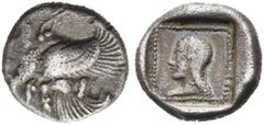 GRIECHEN LYKIEN. DYNASTEN. Uvug. 1/4 Stater (2,92g). 470 / 440 v. Chr. Mzst. unbestimmt. Vs.: Geflügelte androkephale Stier­protome n. l. Rs.: Aphroditekopf l. Vismara II, 91; SNG Aul. 8475; Müseler ­