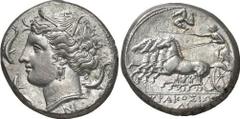 GRIECHEN SIZILIEN SYRAKUS Objekt-Nr.: 93 Agathokles, 317 - 289 v. Chr. Tetradrachme, (16,46 g.), 2. Periode, ca. 310 - 305 v. Chr. Vs.: Kopf der Arethusa n. l. umgeben von drei Delfinen, unten NK. Rs.