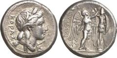 GRIECHEN SIZILIEN SYRAKUS Objekt-Nr.: 1142 Agathokles, 317 - 289 v. Chr. Tetradrachme (17,25 g.), 3. Periode, 305 - 295 v. Chr. Vs.: KORAS, Kopf der Kore n. r. Rs.: AGAQOKLEIOS, Nike errichtet Tropaio