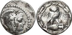 GRIECHEN ATTIKA ATHEN Objekt-Nr.: 1367 Tetradrachme des Neuen Stils (16,17 g.), 86 - 84 v. Chr. Vs.: Kopf der Athena mit attischem Helm nach r. Rs.: A-QE, Eule auf Amphora zwischen zwei Monogrammen. T