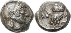 GRIECHEN ATTIKA. ATHEN. Tetradrachme (17,37g). 500 - 480 v. Chr. Vs.: Kopf der Athena mit attischem Helm n. r. Rs.: [Α]ΘΕ, Eule n. r. stehend, Kopf in Vorderansicht, l. im Feld Olivenzweig mit Frucht.