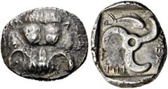 GRIECHEN LYKIEN. DYNASTEN. Mithrapata. Stater (9,77g). ca. 390 - 370 v. Chr. Mzst. Phellos. Vs.: Frontaler Löwenskalp. Rs.: "mithrapata", Triskeles, im Feld Delfin. SNG Aul. 4241; SNG Cop. Suppl. 474;