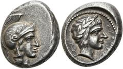 GRIECHEN LYKIEN. XANTHOS. Stater (8,11g). Zeit des Wekhssere II. (ca. 400/380 v. Chr.) Vs.: Kopf der Athena mit lorbeergeschmücktem attischem Helm mit Helmbusch n. r. Rs.: Kopf des Apoll mit hochgeste