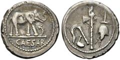 RÖMER RÖMISCHE REPUBLIK. RÖMISCHE REPUBLIK NACH 211 V. C. Iulius Caesar, 49 - 48 v. Chr. Denar (4,00g). Mzst. in Gallia Narbonensis oder Hispania citerior. Vs.: CAESAR, Elefant n. r. trampelt einen Dr