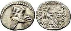 GRIECHEN PARTHER. ARSAKIDEN. Pakoros I., 78 - 120 n. Chr. Drachme (3,71g). Mzst. Ekbatana. Vs.: Bärtige, drapierte Büste mit Diadem n. l. Rs.: Arsakes I. n. r. sitzend und Bogen prüfend, unter dem Bog