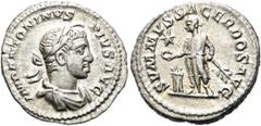 RÖMER RÖMISCHE KAISERZEIT. Elagabal, 218 - 222 n. Chr. Denar (3,28g). Mzst. Rom. Vs.: IMP ANTONINVS PIVS AVG, drapierte Büste mit Lorbeerkranz u. Horn n. r. Rs.: SVMMVS SACERDOS AVG, Elagabal mit Zwei