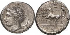 GRIECHEN SIZILIEN SYRAKUS Objekt-Nr.: 1145 Agathokles, 317 - 289 v. Chr. Tetradrachme (17,08 g.), 2. Periode, 310 - 305 v. Chr. Vs.: Kopf der Arethusa n. l., darum drei Delfine. Unten FI. Rs.: Quadrig