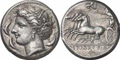 GRIECHEN SIZILIEN SYRAKUS Objekt-Nr.: 35 Agathokles, 317 - 289 v. Chr. Tetradrachme (16,93 g.), 2. Periode, 310 - 305 v. Chr. Vs.: Kopf der Arethusa n. l., darum drei Delphine. Unten FI. Rs.: Quadriga