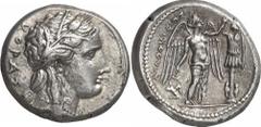 GRIECHEN SIZILIEN SYRAKUS Objekt-Nr.: 37 Agathokles, 317 - 289 v. Chr. Tetradrachme (17,03 g.), 3. Periode, 305 - 295 v. Chr. Vs.: KORAS, Kopf der Kore n. r. Rs.: AGAQOKLEIOS, Nike errichtet Tropaion,