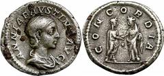 RÖMISCHE KAISERZEIT Objekt-Nr.: 346 Annia Faustina, 221 n. Chr. Denar (2,68 g.), Mzst. Rom. Vs.: ANNIA FAVSTINA AVG, drapierte Büste der Annia Faustina nach r. Rs.: CONCORDIA. Elagabal und Annia Faust