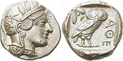 GRIECHEN ATTIKA. ATHEN. Tetradrachme (17,18g). 421 - 365 Jh. v. Chr. Vs.: Kopf der Athena mit verziertem, bekränzten, attischem Helm n. r. Rs.: ΑΘΕ, Eule n. r. stehend, Kopf in Vorderansicht, im Feld 
