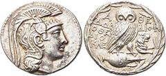 GRIECHEN ATTIKA. ATHEN. Tetradrachme des Neuen Stils (16,91g). 132/1 v. Chr. Vs.: Kopf der Athena mit attischem Helm n. r. Rs.: Α-ΘΕ, Eule auf Amphora, Beamte: ΔΩΡ-ΟΘΕ / ΔΙΟ-ΚΛΕ / ΘΕ-ΔΙΟΦ, auf der Amp
