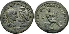 RÖMISCHE PROVINZIALPRÄGUNGEN MOESIA INFERIOR. MARKIANOPOLIS. Gordian III., 238 - 244 n. Chr. mit Sarapis AE (11,66g). Unter dem Statthalter Menophilus. Vs.: Μ ΑΝΤ ΓΟΡΔΙΑΝΟΣ / ΑΥΓ, die drapierten Büste