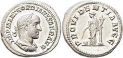 RÖMER RÖMISCHE KAISERZEIT. Gordian II., 238 n. Chr. Denar (3,56g). Mzst. Rom. Vs.: IMP M ANT GORDIANVS AFR AVG, drapierte Panzerbüste mit Lorbeerkranz n. r. Rs.: PROVIDENTIA AVGG, Providentia mit Füll