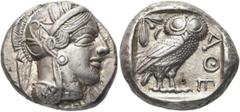 GRIECHEN ATTIKA. ATHEN. Tetradrachme (17,21g). 421 - 365 Jh. v. Chr. Vs.: Kopf der Athena mit verziertem, bekränztem, attischem Helm n. r. Rs.: ΑΘΕ, Eule n. r. stehend, Kopf in Vorderansicht, im Feld 