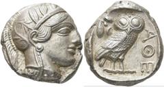 GRIECHEN ATTIKA. ATHEN. Tetradrachme (17,20g). 421 - 365 Jh. v. Chr. Vs.: Kopf der Athena mit verziertem, bekränztem, attischem Helm n. r. Rs.: ΑΘΕ, Eule n. r. stehend, Kopf in Vorderansicht, im Feld 