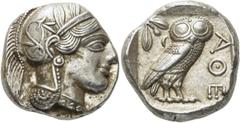 GRIECHEN ATTIKA. ATHEN. Tetradrachme (17,19g). 421 - 365 Jh. v. Chr. Vs.: Kopf der Athena mit verziertem, bekränztem, attischem Helm n. r. Rs.: ΑΘΕ, Eule n. r. stehend, Kopf in Vorderansicht, im Feld 