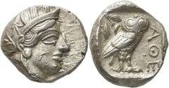 GRIECHEN ATTIKA. ATHEN. Tetradrachme (17,21g). 421 - 365 Jh. v. Chr. Vs.: Kopf der Athena mit verziertem, bekränztem, attischem Helm n. r. Rs.: ΑΘΕ, Eule n. r. stehend, Kopf in Vorderansicht, im Feld 