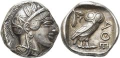 GRIECHEN ATTIKA. ATHEN. Tetradrachme (17,21g). 421 - 365 Jh. v. Chr. Vs.: Kopf der Athena mit verziertem, bekränztem, attischem Helm n. r. Rs.: ΑΘΕ, Eule n. r. stehend, Kopf in Vorderansicht, im Feld 