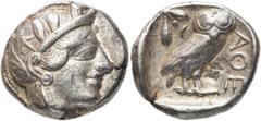 GRIECHEN ATTIKA. ATHEN. Tetradrachme (17,13g). 421 - 365 Jh. v. Chr. Vs.: Kopf der Athena mit verziertem, bekränztem, attischem Helm n. r. Rs.: ΑΘΕ, Eule n. r. stehend, Kopf in Vorderansicht, im Feld 