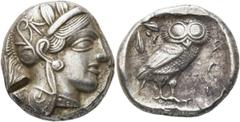 GRIECHEN ATTIKA. ATHEN. Tetradrachme (17,18g). 421 - 365 Jh. v. Chr. Vs.: Kopf der Athena mit verziertem, bekränztem, attischem Helm n. r. Rs.: ΑΘΕ, Eule n. r. stehend, Kopf in Vorderansicht, im Feld 