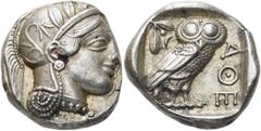 GRIECHEN ATTIKA. ATHEN. Tetradrachme (17,22g). 421 - 365 Jh. v. Chr. Vs.: Kopf der Athena mit verziertem, bekränztem, attischem Helm n. r. Rs.: ΑΘΕ, Eule n. r. stehend, Kopf in Vorderansicht, im Feld 