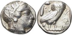 GRIECHEN ATTIKA. ATHEN. Tetradrachme (17,07g). 421 - 365 Jh. v. Chr. Vs.: Kopf der Athena mit verziertem, bekränztem, attischem Helm n. r. Rs.: ΑΘΕ, Eule n. r. stehend, Kopf in Vorderansicht, im Feld 