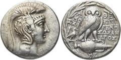 GRIECHEN ATTIKA. ATHEN. Tetradrachme des Neuen Stils (16,43g). Um 126/5 v. Chr. Vs.: Kopf der Athena mit attischem Helm n. r. Rs.: Α-ΘΕ, Eule auf Amphora, Beamte: ΜΟ/ΣΧΙ, ΕΠΙ/ΓΕΝΗ, ΣΩΣΑΝ/ΔΡΟΣ; auf der