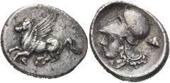GRIECHEN CORINTHIA. KORINTH. Stater (8,29g). ca. 345 - 307 v. Chr. Vs.: Nach links fliegender Pegasos, darunter Koppa. Rs.: Kopf der Athena mit korinthischem Helm n. l., dahinter thessalischer Helm, v