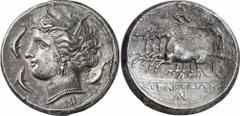GRIECHEN SIZILIEN SYRAKUS Objekt-Nr.: 48 Agathokles, 317 - 289 v. Chr. Tetradrachme (17,02 g.), 2. Periode, 310 - 305 v. Chr. Vs.: Kopf der Arethusa n. l., darum drei Delfine. Unten NI. Rs.: Quadriga 