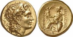 GRIECHEN THRAKISCHE KÖNIGE UND DYNASTEN Objekt-Nr.: 67 Lysimachos, 305 - 281 v. Chr. Stater (8,33 g.), postum, wohl 282 - 215 v. Chr. Mzst. Tomis? Vs.: Kopf Alexanders d. Gr. mit Diadem und Ammonshorn