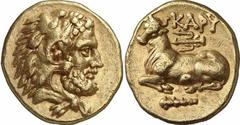 GRIECHEN EUBÖA KARYSTOS Objekt-Nr.: 138 Golddrachme (3,15 g.), um 313 v. Chr. Vs.: Kopf des bärtigen Herakles mit Löwenskalp n. r. Rs.: KAPY, linkshin liegende Kuh, darüber Dreizack, darunter Keule. B