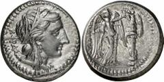 GRIECHEN SIZILIEN SYRAKUS Objekt-Nr.: 1107 Agathokles, 317 - 289 v. Chr. Tetradrachme (17,10 g.), 3. Periode, 305 - 295 v. Chr. Vs.: KORAS, Kopf der Kore n. r. Rs.: AGAQOKLEIOS, Nike errichtet Tropaio