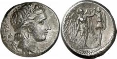 GRIECHEN SIZILIEN SYRAKUS Objekt-Nr.: 1108 Agathokles, 317 - 289 v. Chr. Tetradrachme (16,78 g.), 3. Periode, 305 - 295 v. Chr. Vs.: KORAS, Kopf der Kore n. r. Rs.: AGAQOKLEIOS, Nike errichtet Tropaio
