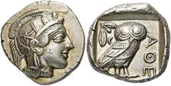 GRIECHEN ATTIKA. ATHEN. Tetradrachme (16.78g). ca. 421 - 365 Jh. v. Chr. Vs.: Kopf der Athena mit attischem Helm, der von einem Lorbeerkranz bekrönt wird, n. r. Rs.: ΑΘΕ, Eule n. r. stehend, Kopf in V